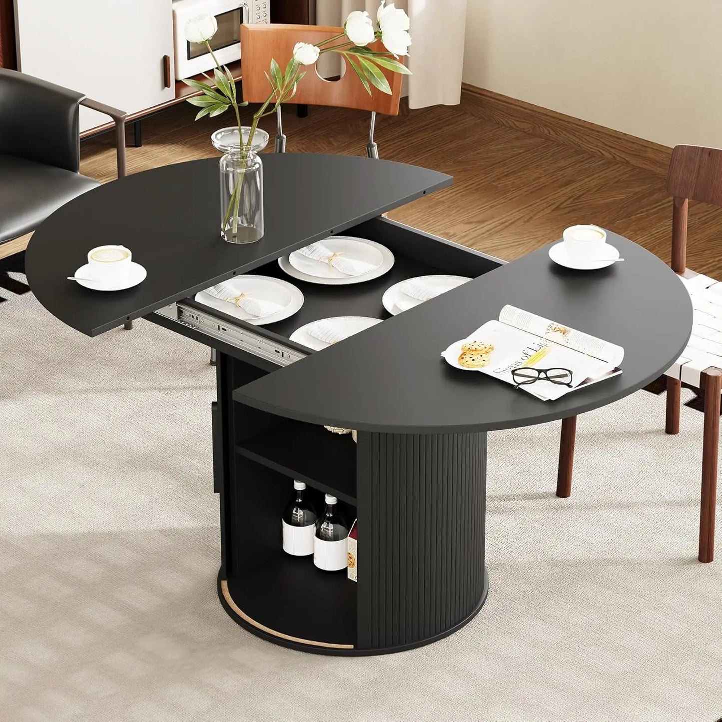 43"-59" Extendable Round to Oval Dining Table with Hidden Storage, Modern Wooden Kitchen Table with Fluted Sliding Door, Custom