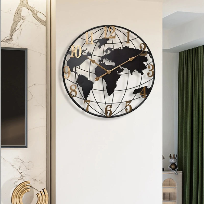 60/75/90cm Large Map Wall Clock Metal Minimalist Clock Round Silent Non-Ticking Battery Operated Wall Clocks for Living Room