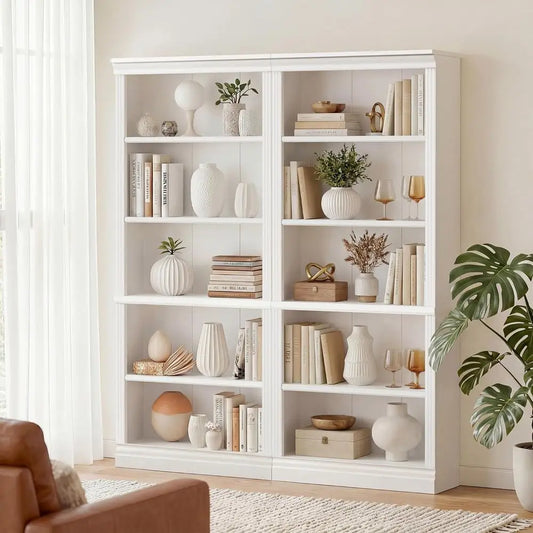5-Shelf Tall Bookcase 71, White Wood Open Display Floor Bookshelf, Large Storage Organizer for Home, Bedroom, Living Room, Set o