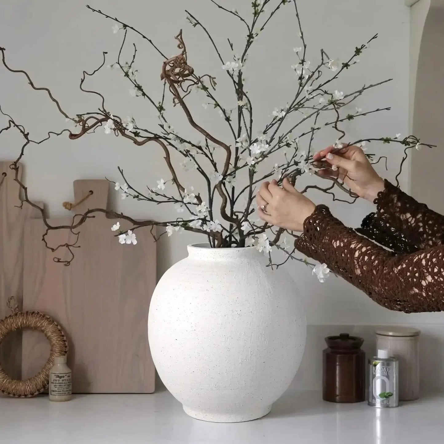 Large White Ceramic Vase 11 Inch Round Modern Tall Vase For Home Living Room Table Festive Interior Decor