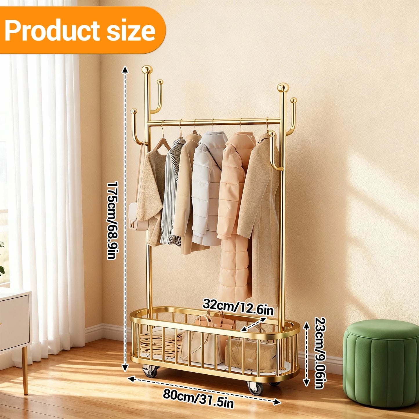 Clothes Rail Movable Clothes Hanging Coat Rack with Storage Basket for Hanging Clothes Coats Dresses for Bedroom Closet Laundry