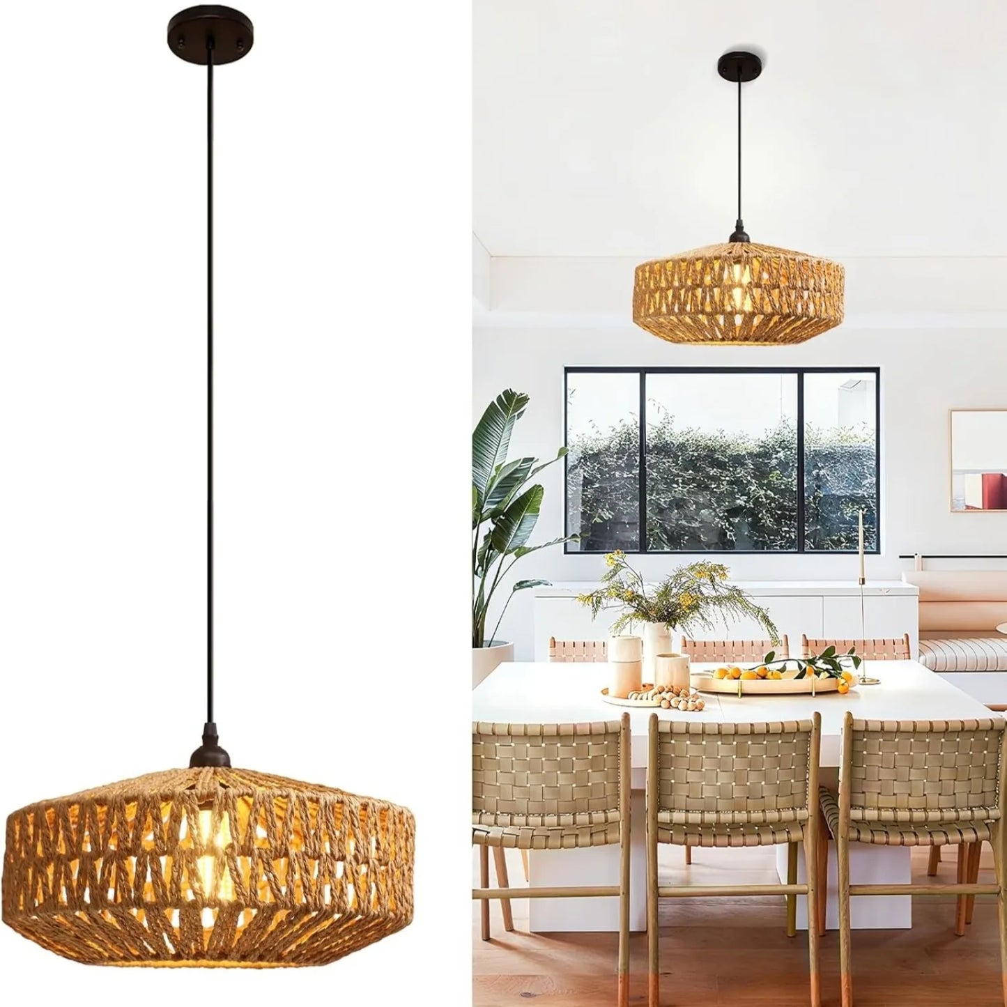 Natural Rattan Chandelier Small Paper Rope Pendant Light E26/E27 Ceiling Lamp Dining Living Room Bedroom Kitchen Island