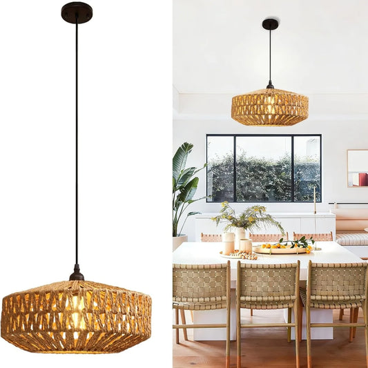 Natural Rattan Chandelier Small Paper Rope Pendant Light E26/E27 Ceiling Lamp Dining Living Room Bedroom Kitchen Island