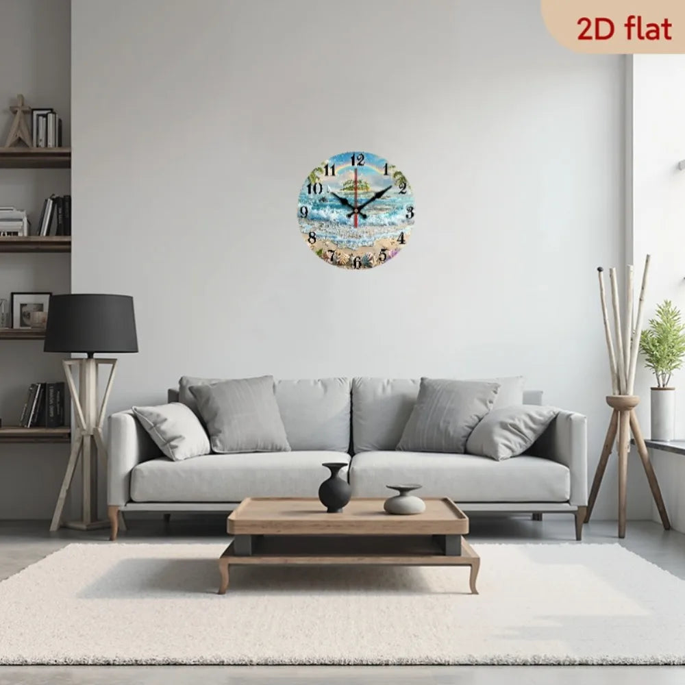 2D Flat 1pc Tropical Beach Ocean Wall Clock with Rainbow, Dolphins, and Seashells Decorative Timepiece Round Wooden Wall Clock 1