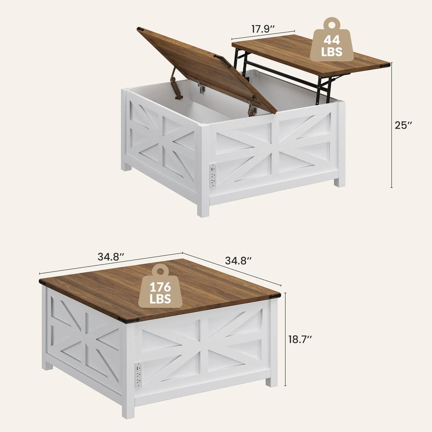 White Farmhouse Lift-Top Coffee Table With Storage Compartment, Built-In Outlet, And Adjustable Height Surface
