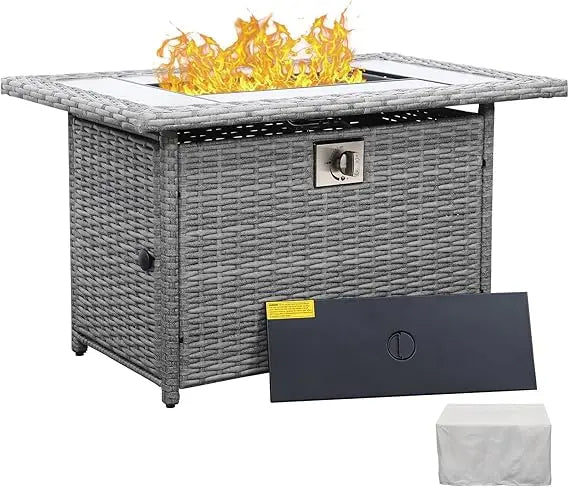 60000 BTU Wicker Gas Fire Pit Outdoor Fire Pit Table 45 Inch for Outside with Woodgrain Marble Tabletop Fire Pit Cover