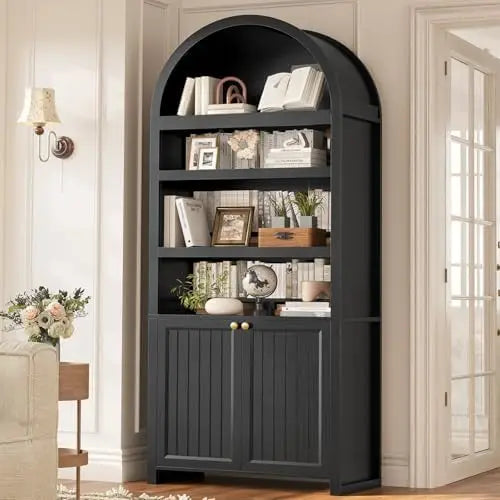 81" Tall Arched Cabinets,Bookcase with storage,Mid-Century Modern 6-Tier Bookshelf with Door,2 Book Risers and