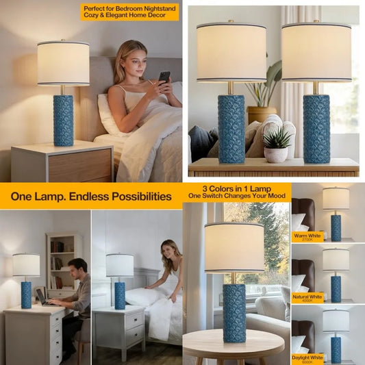 Farmhouse Bedside Table Lamp Set of 2, Modern Ceramic Lamps for Living Room, 3 Color Temperature Rustic Table Lamps for Bedroom