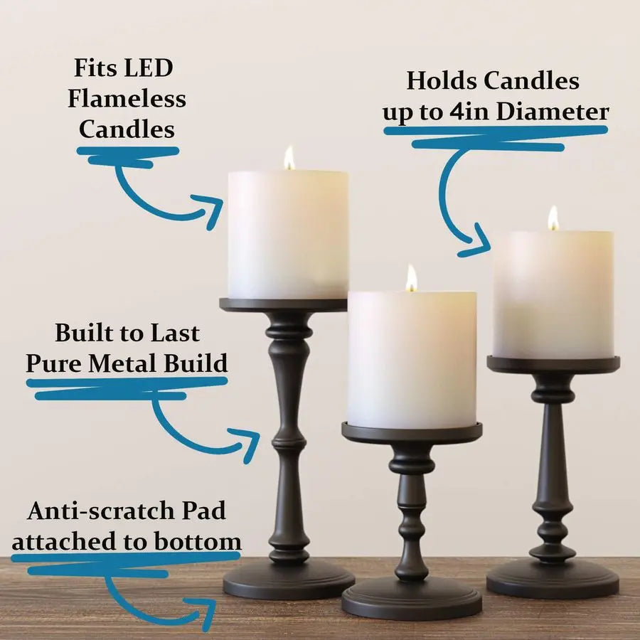 Black Candle Holders Set of 3 Metal Candle Holders for Pillar Candles amp LED Flameless Candles 6, 8 amp 10 Inch Tall Decorative