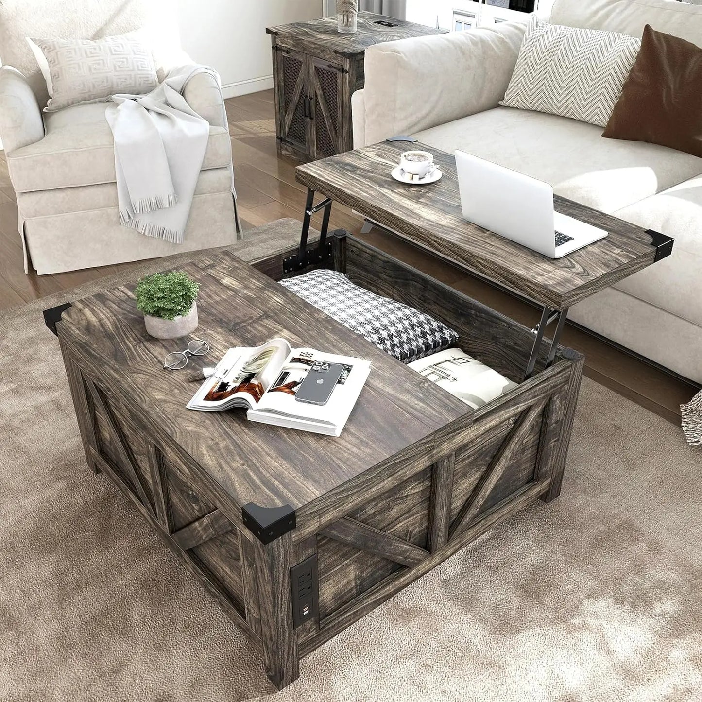 Farmhouse Lift Top Coffee Table with Storage, Wood Square Center Table with Charging Station&USB Port, Living Room, Custom
