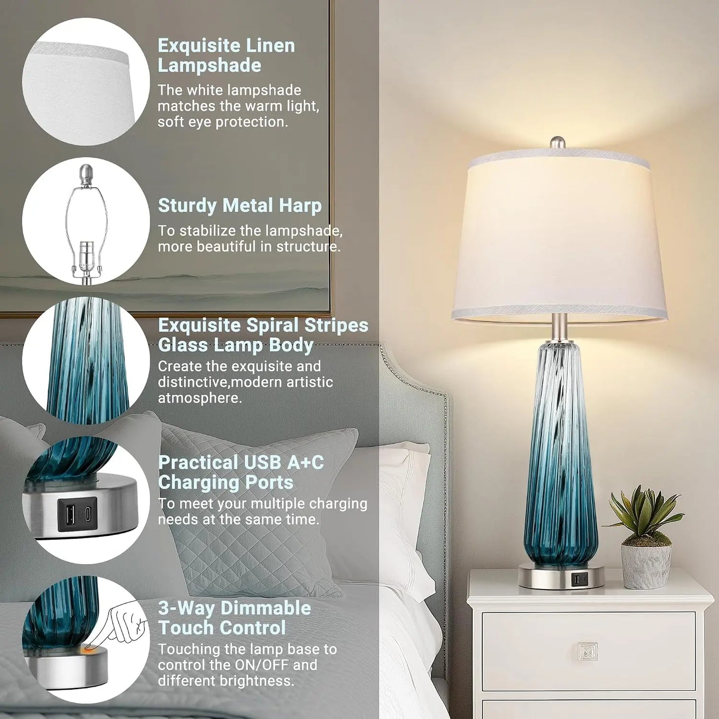 Set of 2 Touch Control Table Lamps with USB A+C, 3-Way Dimmable, 27.5" Modern Glass Nightstand Lamps