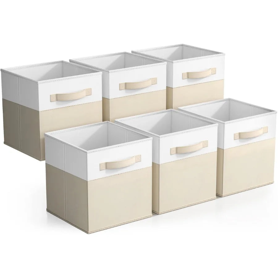 11 Foldable Storage Cubes 6-Pack Beige White Fabric Bins for Closet Shelves Cubby Organizer Collapsible Cloth Baskets Home Orga