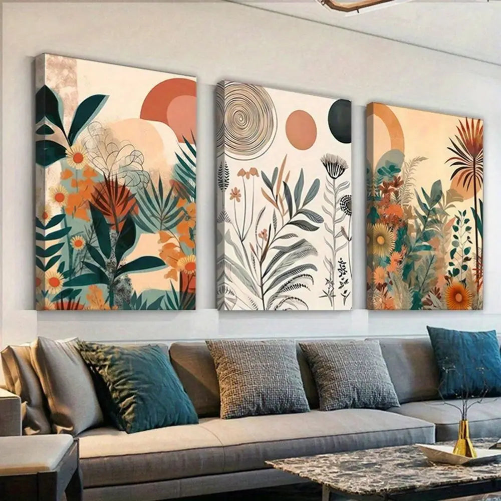 Set Wooden Framed Canvas Poster, Flower Wall Art Boho Floral Canvas Poster Mid Century Modern Canvas Painting Neutral Simple Pa