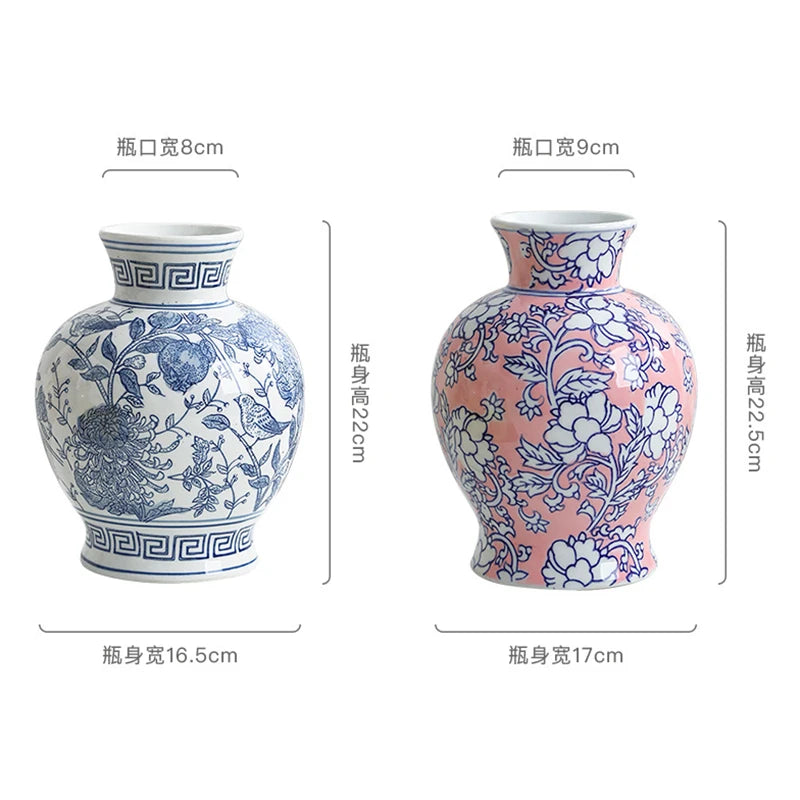 Blue and White Porcelain Retro Vase Ceramic Painted Flower Potted Plant Floral Hydroponic Vase Crafts Decoration Indoor Ornament