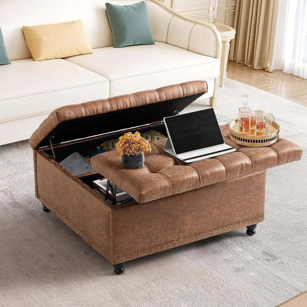 Large 36 Square Ottoman with Storage, Tufted Upholstered Top, Solid Wood Legs, Ideal for Bedroom or Living Room (Brown)