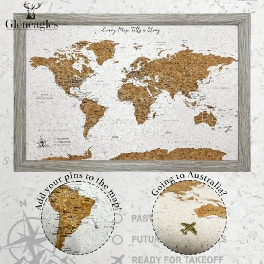 World Map Pin Board Travel Map Frame Framed Pinboard Cork Wooden Design 70 Push Pins Included 14.2'' x 21.2'' Personalised Home