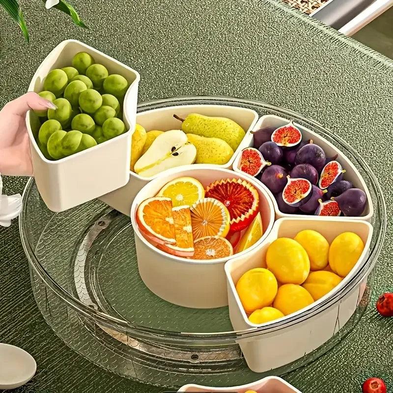 Rotating Divided Serving Tray With Lid Handle Clear Snack Container For Fruit Veggie Charcuterie Desktop Party Storage Holder