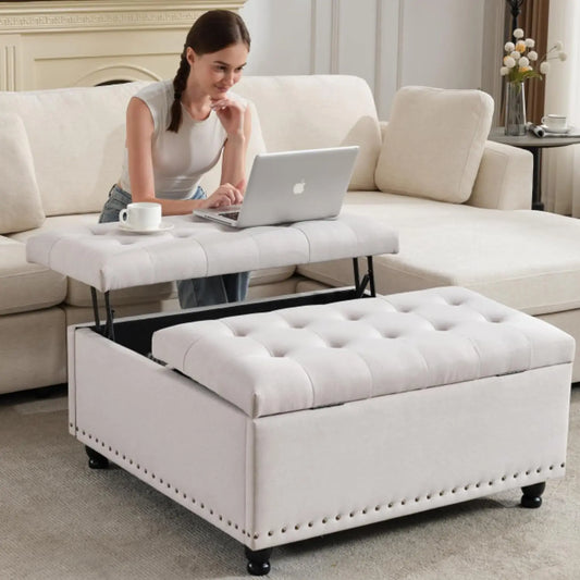 Large Square Storage Ottoman Tufted Upholstered Coffee Table Lift Top Wooden Legs Oversized Toy Box Living Room, Customized