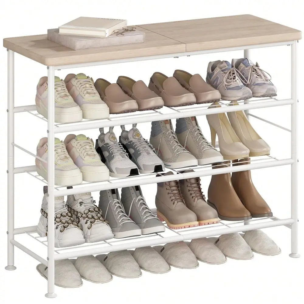 4-Tier Shoe Rack Organizer, Freestanding Metal Shoe Shelf with MDF Top Board for Closet, Entryway and Hallway
