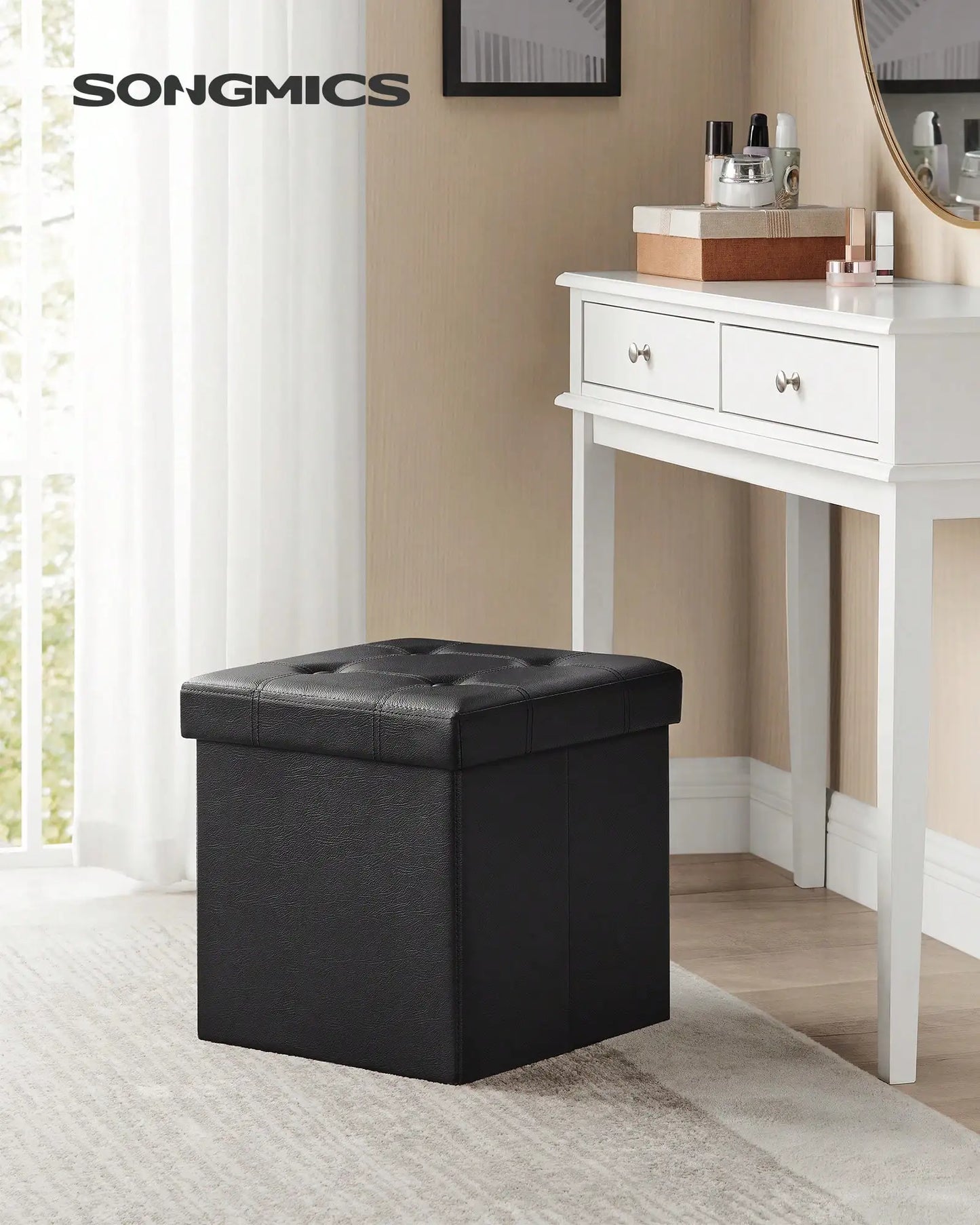 SONGMICS 15 Inches Folding Storage Ottoman, Cube Footrest, Puppy Step, Coffee Table With Hole Handles, Max. Static Load 660 Lb,