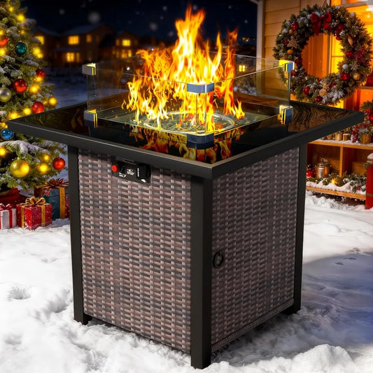 Propane Fire Pit Table, Outdoor Fire Pit Table, 28" Rattan Square Outdoor Gas Fire Pit with Glass Wind Guard