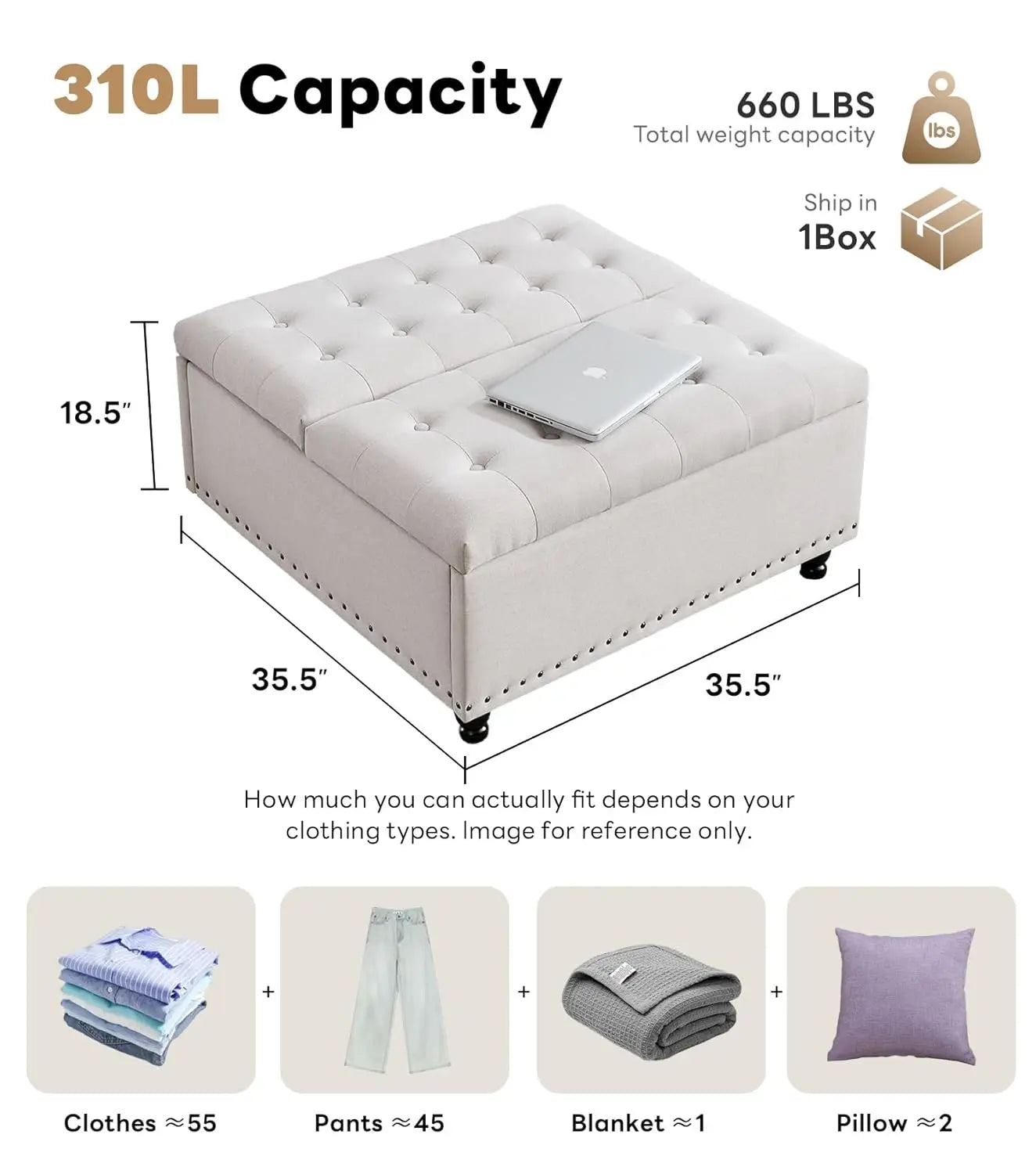 Large Square Storage Ottoman Bench, Tufted Upholstered Coffee Table with Lift Top & Solid Wood Legs, Oversized, Customized