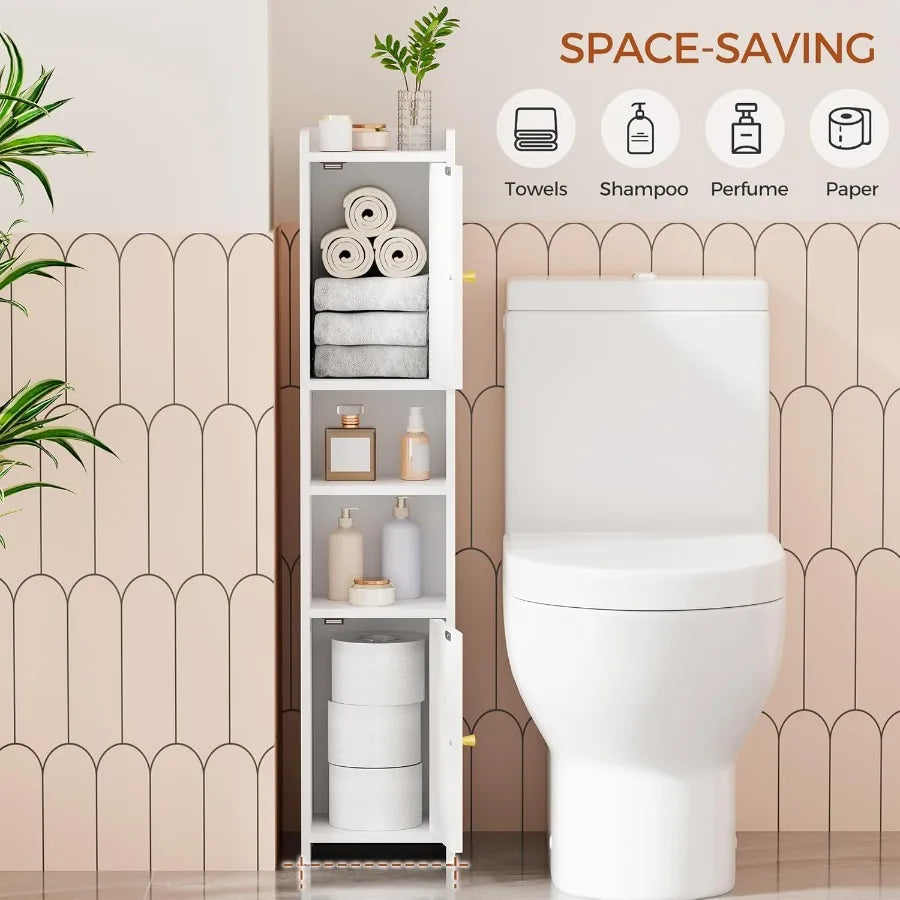 Slim Bathroom Storage Cabinet Corner Narrow Cabinet With 2 Doors And Adjustable Shelf Freestanding Small Bathroom Organ