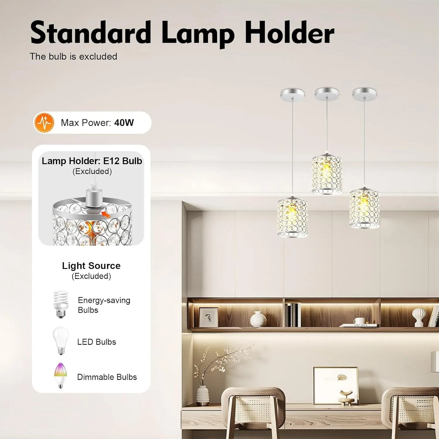 3-Pack Modern Crystal Pendant Lights 110-120V 40W Adjustable Height Kitchen Island Lighting with Crystal Shades Ceiling Lights S