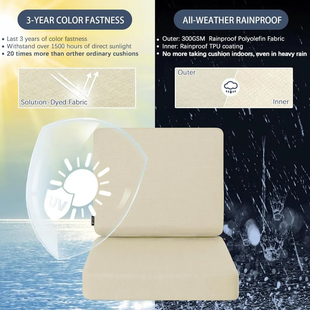 Outdoor Deep Seat Cushion Set, Rainproof & 3-Year Fade Resistant Patio Furniture Cushions with Removable Covers, Beige