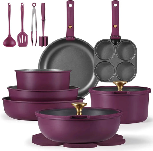 21pcs Pots and Pans Set, Nonstick Cookware Set Detachable Handle, Induction Kitchen Cookware Sets Non Stick with Removable Handl