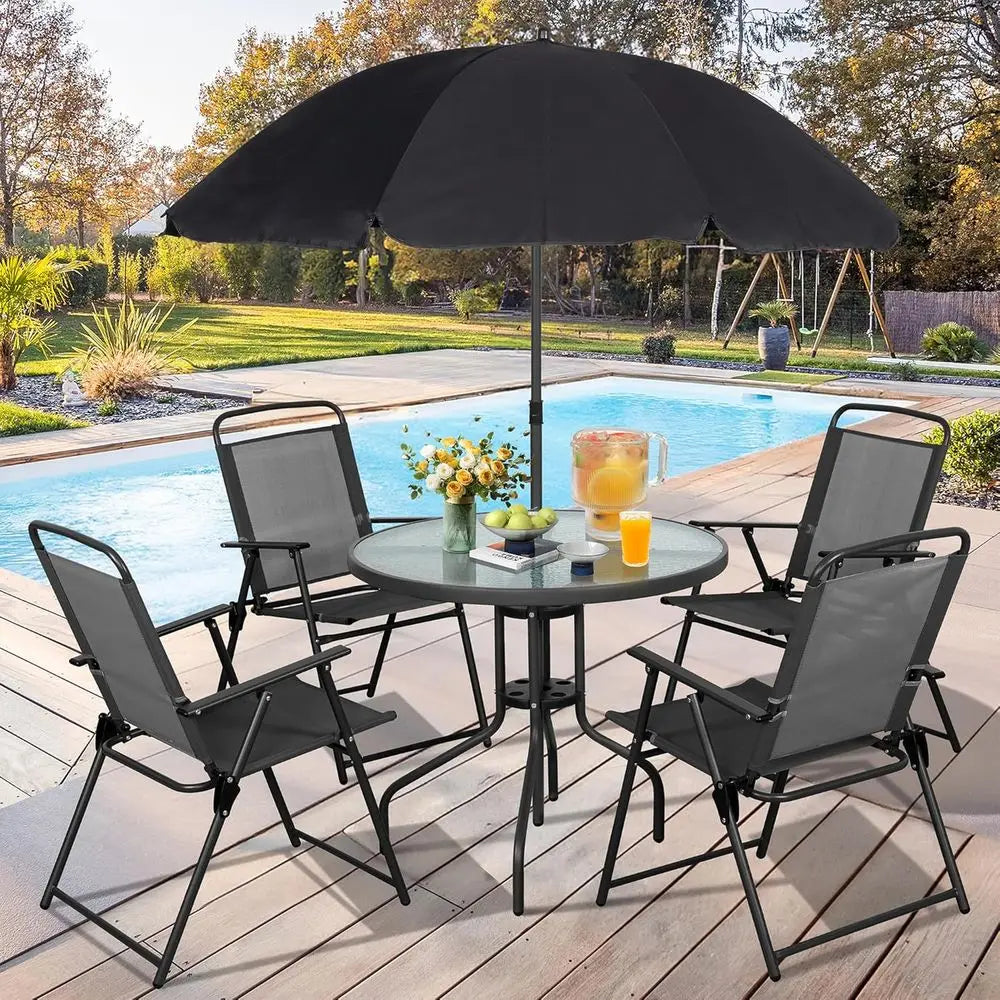 6 Piece olding Patio Dining Set,Small Metal Outdoor Garden Patio Table and Chair Set w/Umbrella or Lawn,Deck,Backyard,Black