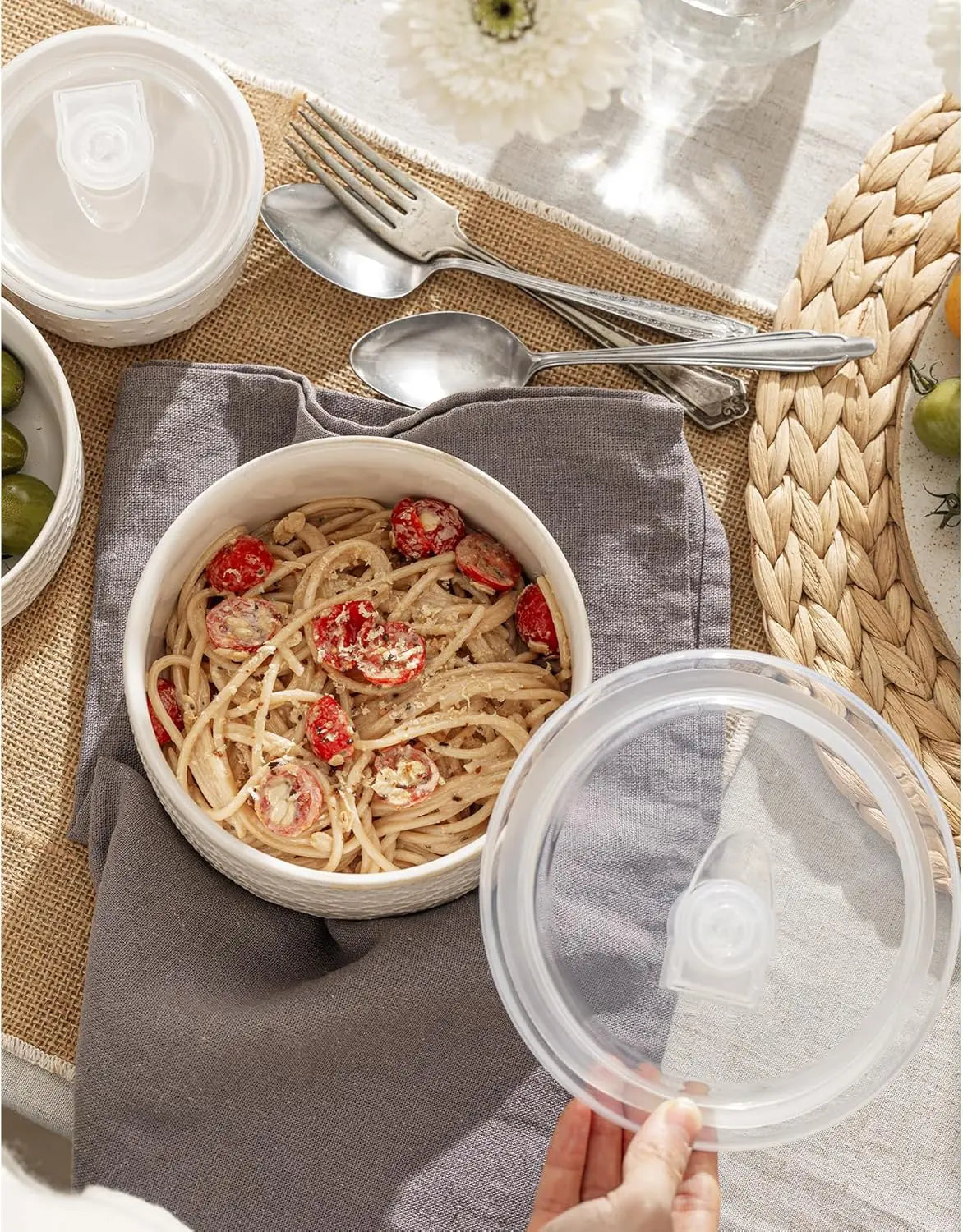 Ceramic Mixing Bowls with Lids Set of 4, Nesting Bowls for Prep & Storage, 10/18/33/50 OZ, Off-White, Microwave & Dishwasher