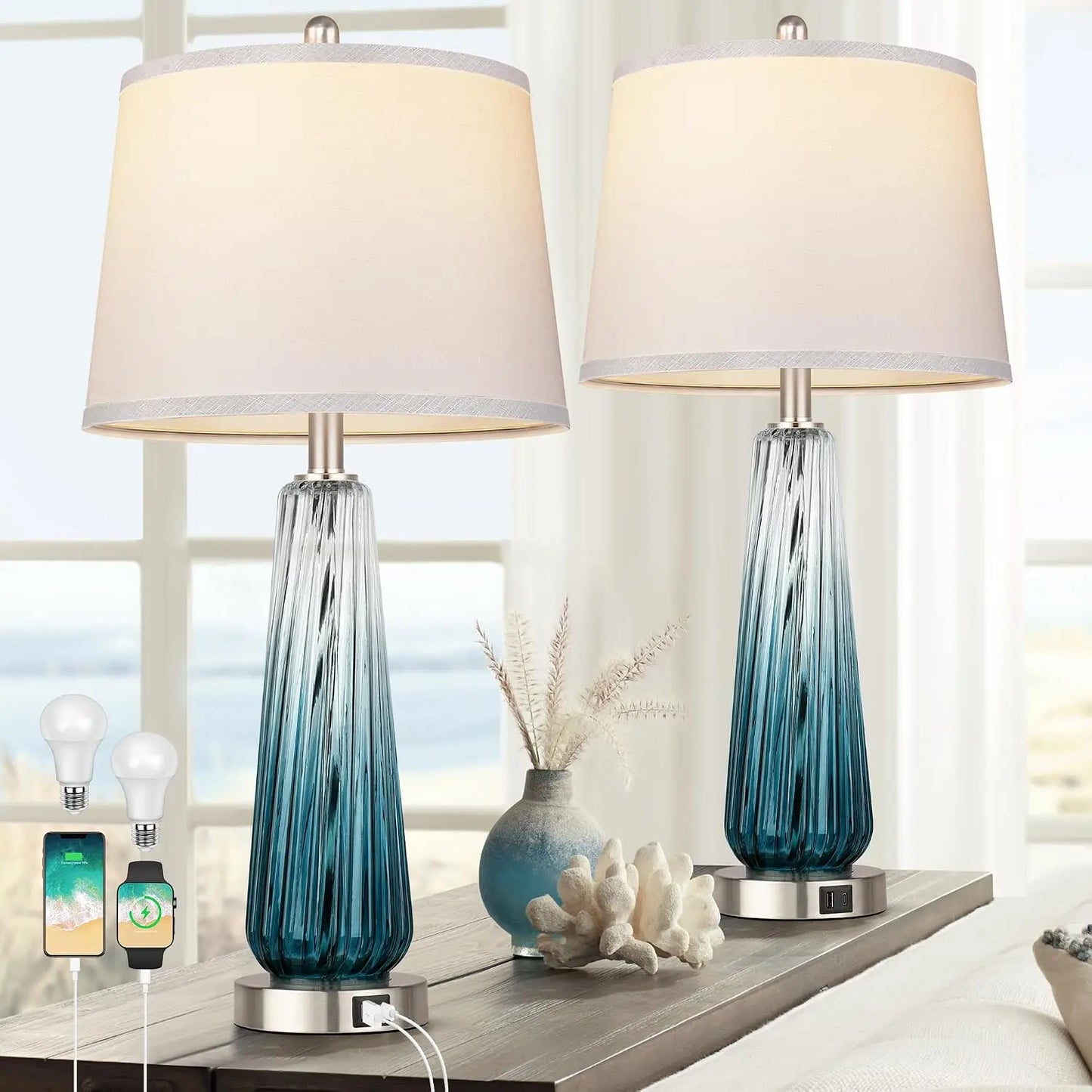 Set of 2 Touch Control Table Lamps with USB A+C, 3-Way Dimmable, 27.5" Modern Glass Nightstand Lamps