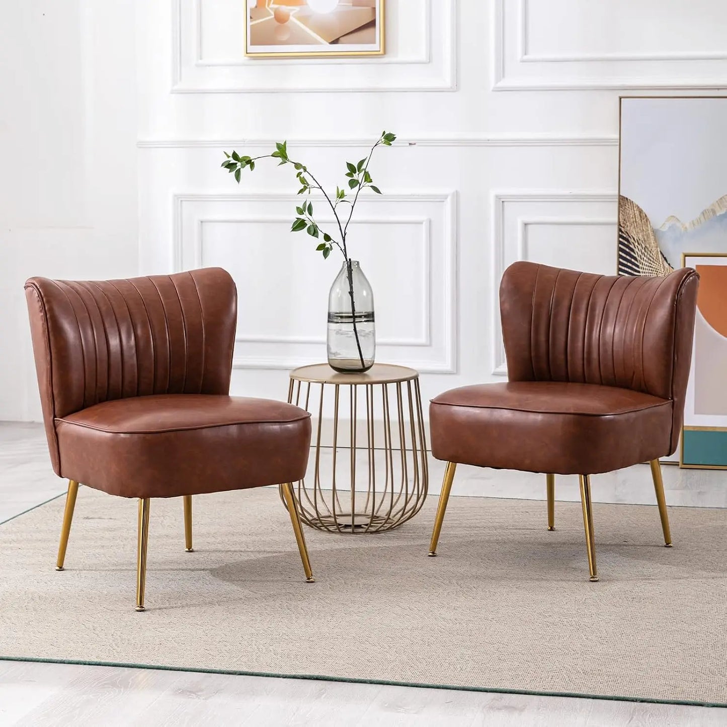 Velvet Accent Chairs Set of 2 Armless Slipper Chair with Golden Legs Mid Century Side Single Sofa for Living Room Bedroom Pink