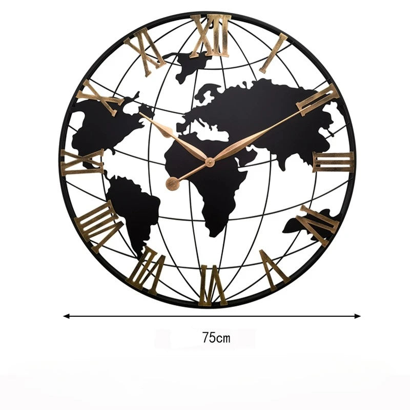 60/75/90cm Large Map Wall Clock Metal Minimalist Clock Round Silent Non-Ticking Battery Operated Wall Clocks for Living Room
