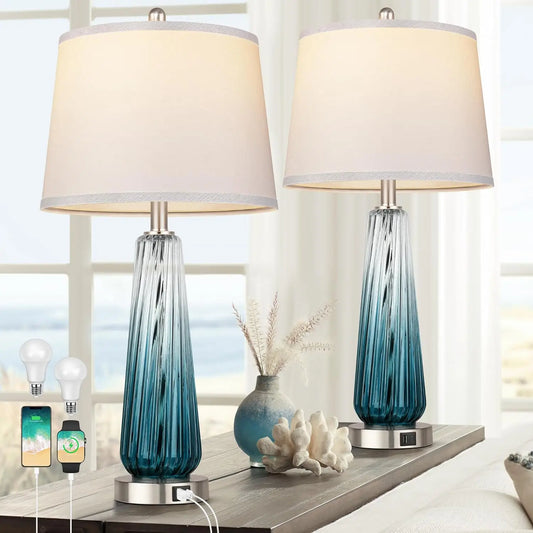Touch Control Glass Table Lamps Set of 2 with USB A+C Ports, 3-Way Dimmable Nightstand Lamps with White Fabric Shade for Living