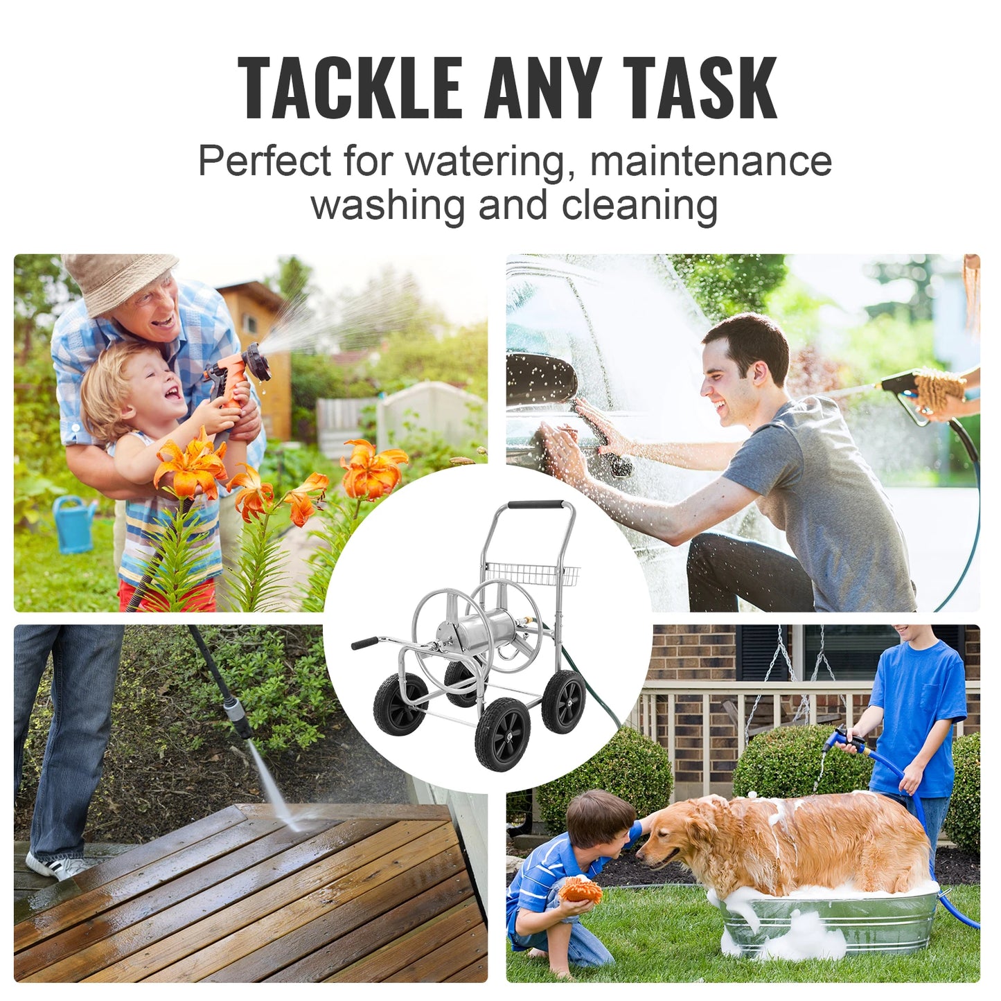 Hose Reel Cart 250ft Heavy Duty Garden Water Yard Planting w/ Basket Effortless Roll-up  Versatile Application Steel