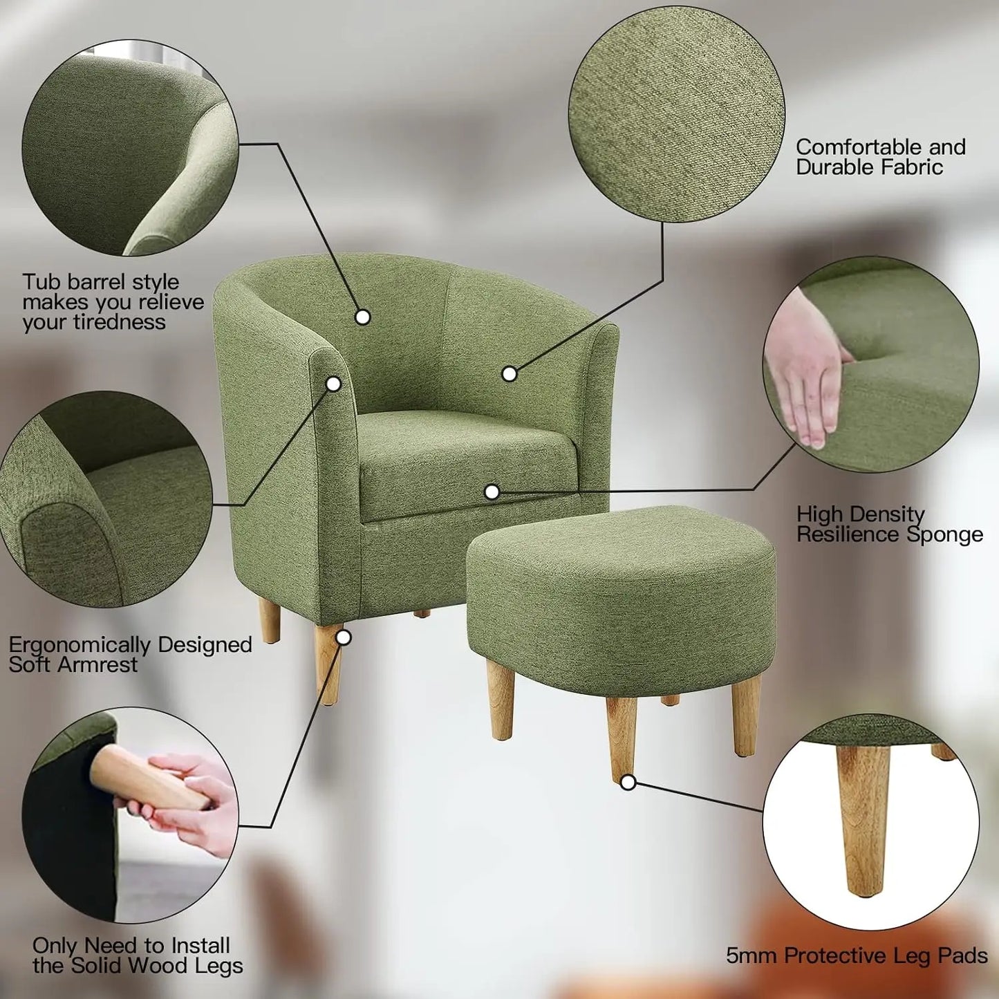 Mid Century Accent Chair & Ottoman Small Barrel Armchair with Footrest for Living Room Bedroom Linen Fabric Wood Legs, Customize