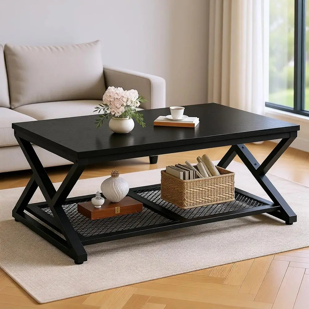 Black Oak 39.4 2-Tier Coffee Table with Storage for Living Room and Bedroom