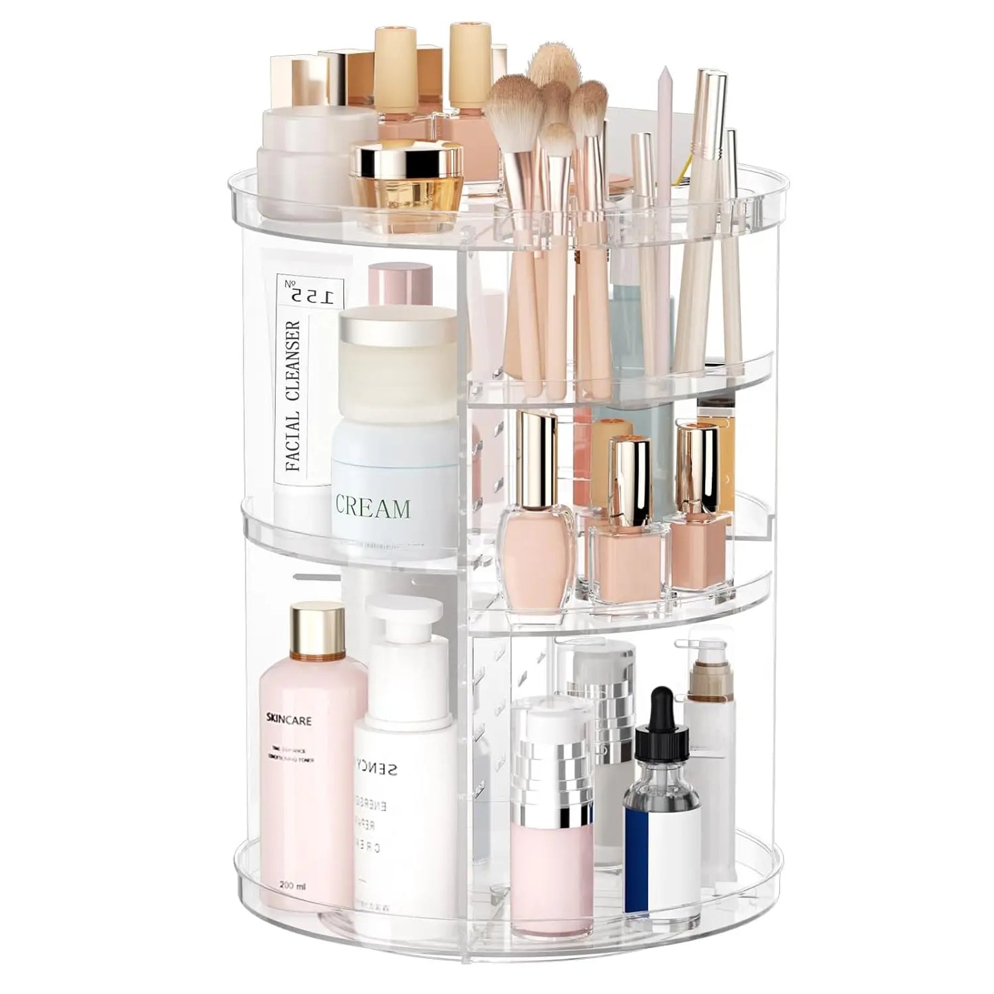 Rotating Makeup Organizer, DIY 8 Adjustable Layers Spinning Skincare Storage, Cosmetic Display Case with Brush Holder and Perfum