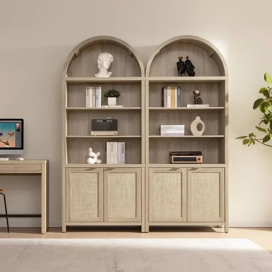 Book Shelf Arched Cabinet Bookshelf Arch 84.2 Tall Bookcase 5 Tier Large Bookshelves with Doors Storage Rattan Boho Wide Book S