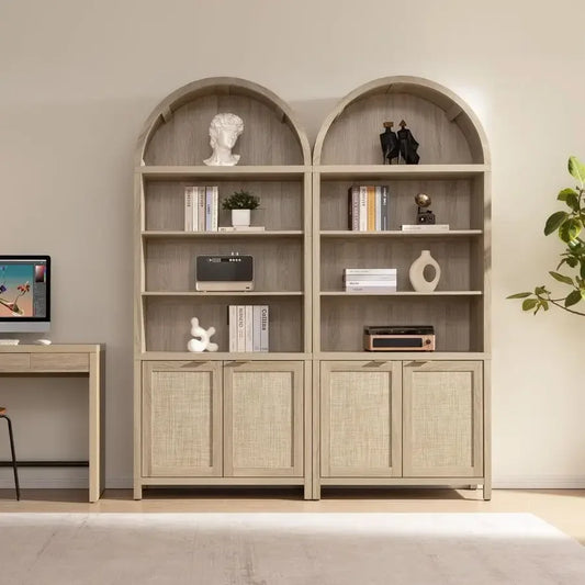 Book Shelf Arched Cabinet Bookshelf Arch 84.2 Tall Bookcase 5 Tier Large Bookshelves with Doors Storage Rattan Boho Wide Book S