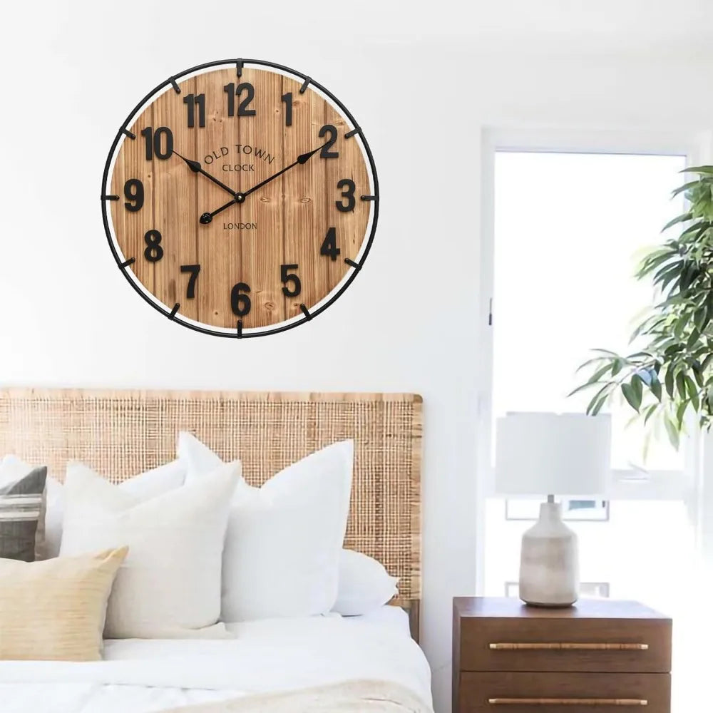 24 Inch Rustic Farmhouse Wall Clock, Silent Battery Operated, Large Numerals, Wood & Metal, for Living Room, Kitchen, Office