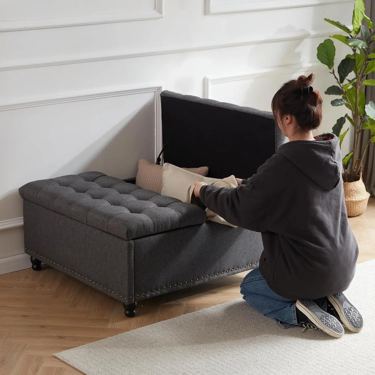 Large Square Storage Ottoman Tufted Upholstered Coffee Table Lift Top Wooden Legs Oversized Toy Box Living Room, Customized