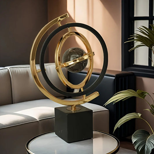 1PC Modern Abstract Metal Globe Sculpture Black & Golden Art Decor with Rectangular Base for Home Office Living Room Study Shelf