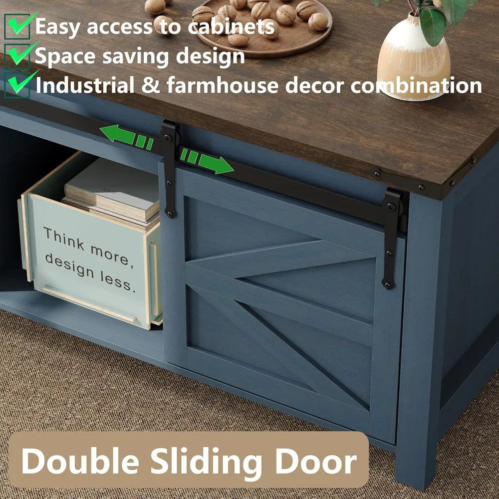 47.3-inch Farmhouse-style Coffee Table with Sliding Barn Door, Modern Wooden Height-adjustable Coffee Table,Customizable