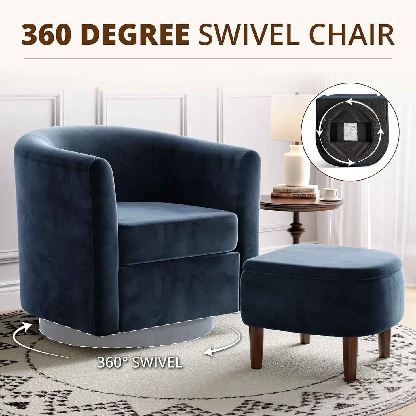 Swivel Accent Chair with Storage Ottoman, Small Modern Velvet Barrel Chair, Upholstered Armchair with Footrest for, Customized