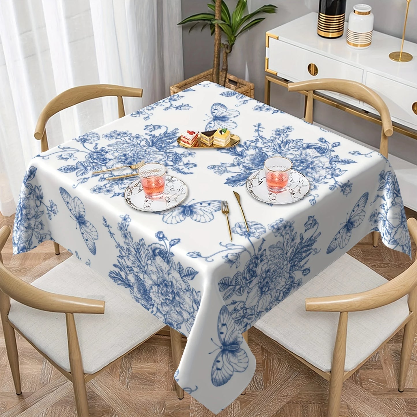 Tablecloth Multi Sizes Farmhouse Blue White Floral Butterfly Print Polyester Fabric Machine Washable Spillproof Dustproof Wrinkle Resistant Rectangular Table Cover for Kitchen Dining Wedding Picnic Party Patio Indoor Outdoor