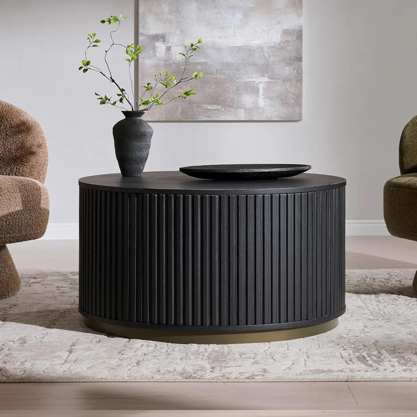 33" Round Coffee Table with Storage, Fluted Drum Coffee Table, Hidden Push-to-Open Drawer, Natural Oak, Custom