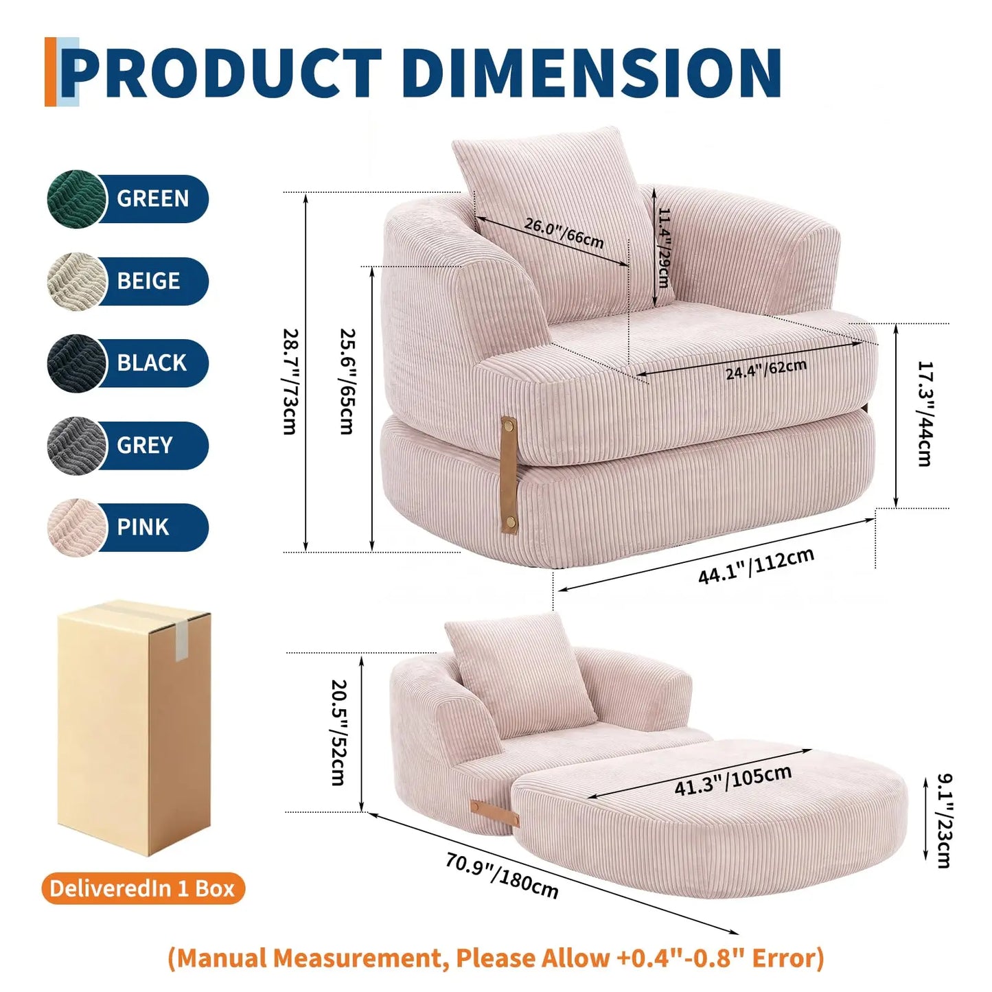 Folding Sofa Bed with Backrest & Handle, 3-in-1 Convertible Bean Bag Chair to Floor Sofa Lounger, Boneless Fold Out Couch Bed with Handle Comfy Fold Out Couch for Bedroom and Living Room